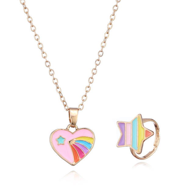 Cute enamel rainbow heart necklace set for kids