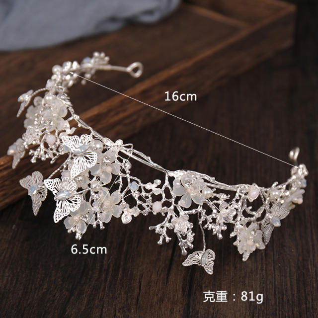Silver butterfly crystal bead crown bridal headband