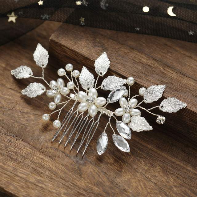 Silver color rhinestone leaf bridal hair combs