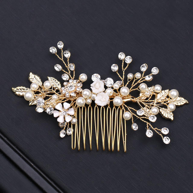 Pearl crystal beads leaf bridal hair comb
