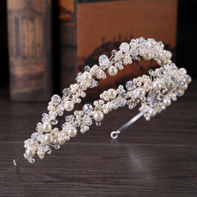 Crystal beads pearl two layer bridal headbands