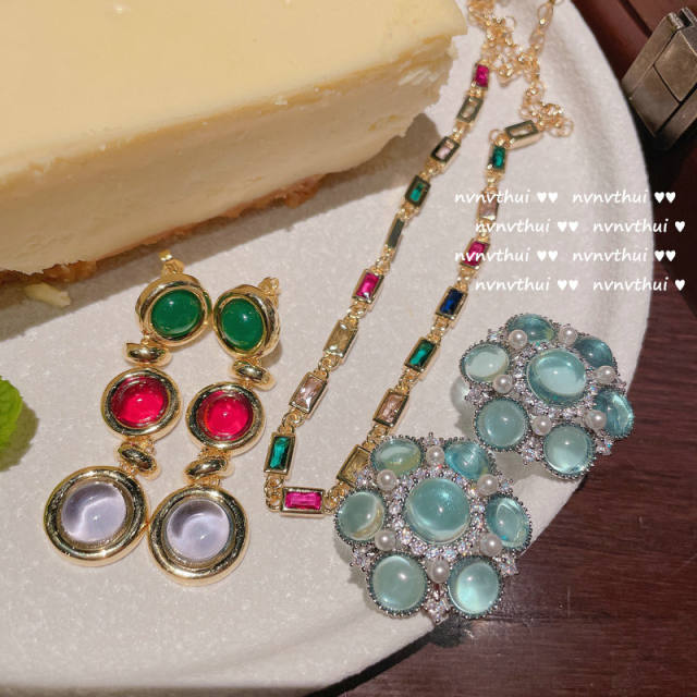 18K gold red peacock gem coloured glaze flower blue zircon diamond ring earring necklace set