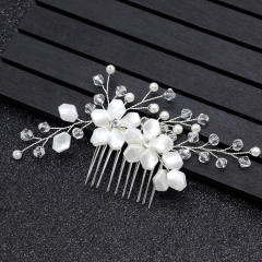 White Pearl flower crystal beads bridal hair comb