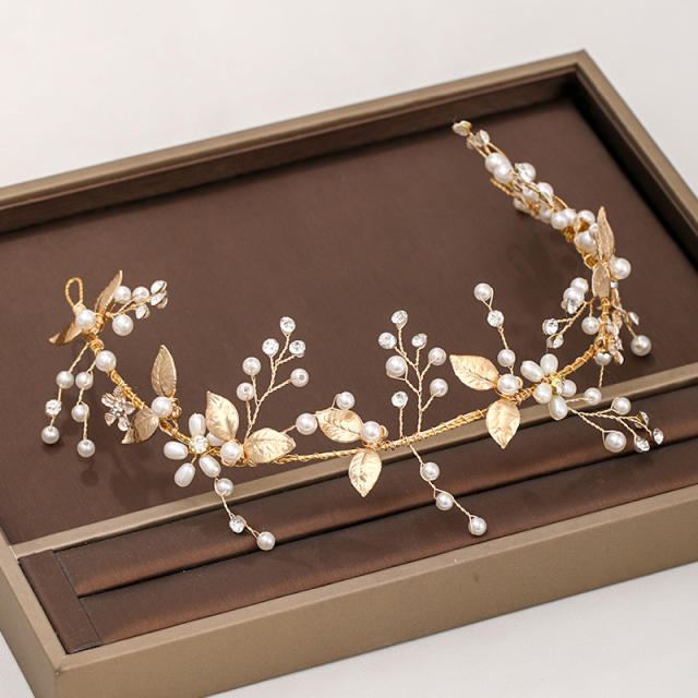 Gold color leaf pearl beads bridal hair pieces