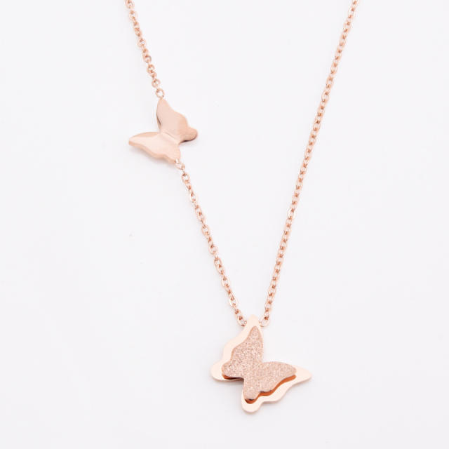 Rose gold color frost butterfly stainless steel jewelry set