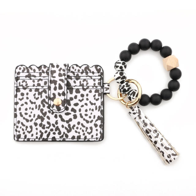 PU leather leopard bracelet tassel card holder keychain