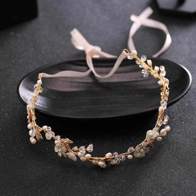 Pearl flower crystal beads bridal headband