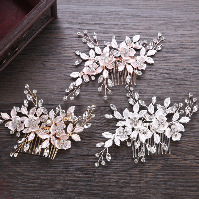 Handmade flower crystal beads bridal hair comb
