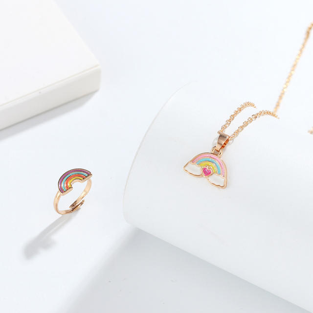 Enamel rainbow kids necklace rings set