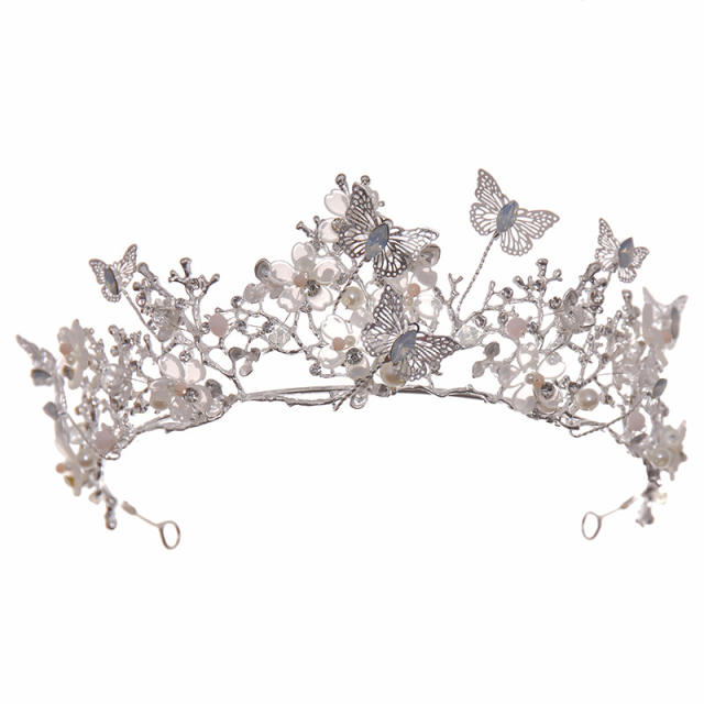 Silver butterfly crystal bead crown bridal headband