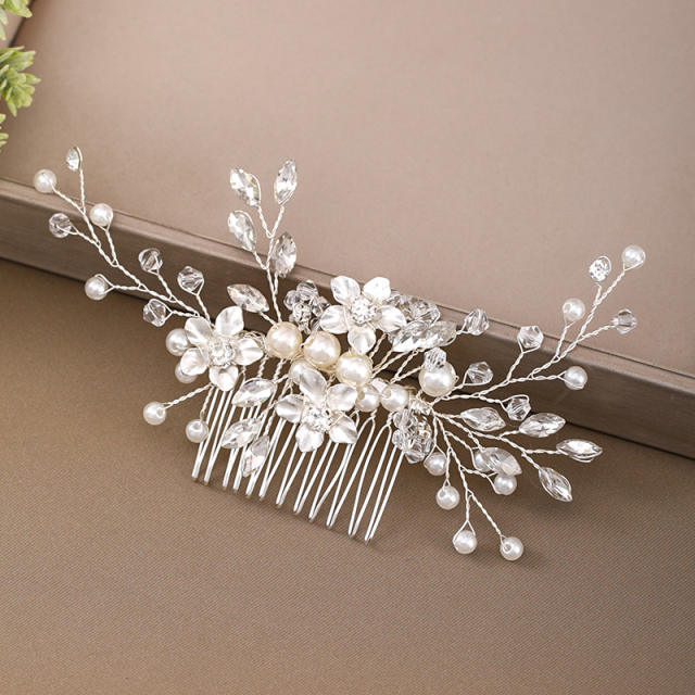 Crystal pearl beads flower bridal hair combs