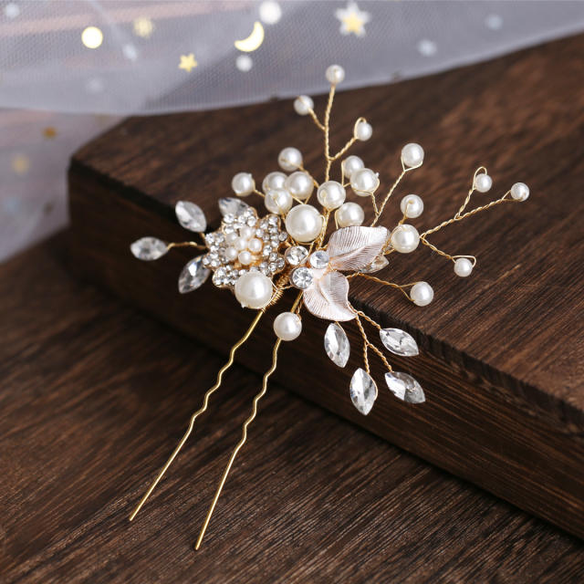 Rhinestone pearl flower U shape hairpins