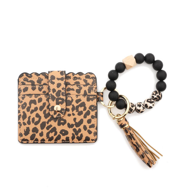 PU leather leopard bracelet tassel card holder keychain