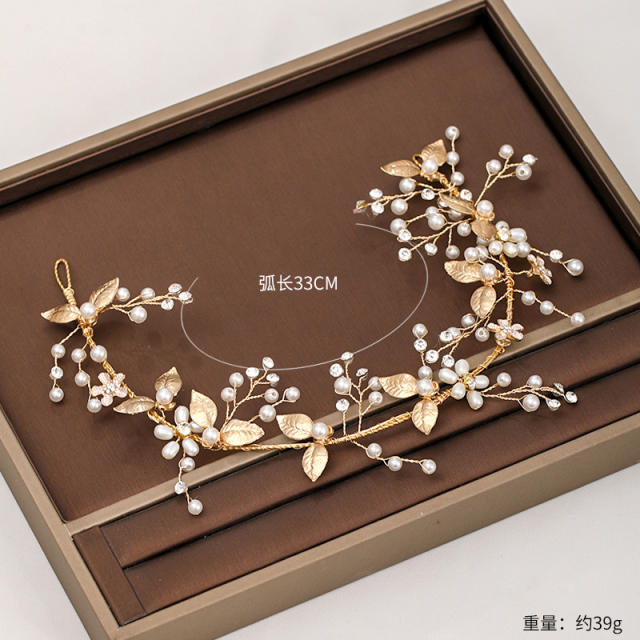 Gold color leaf pearl beads bridal hair pieces