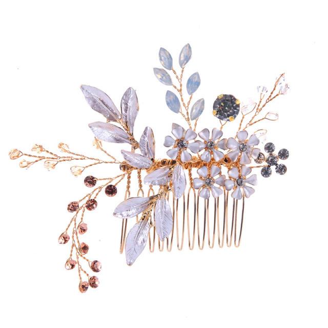 Leaf flower crystal beaded bridal hair comb