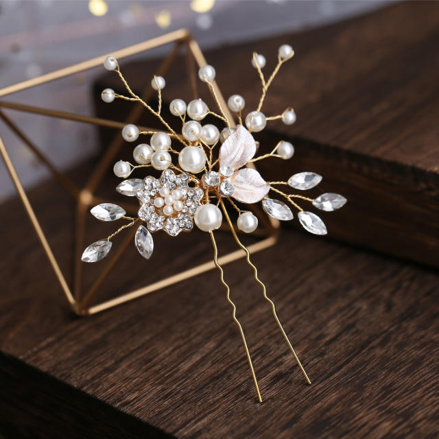 Rhinestone pearl flower U shape hairpins