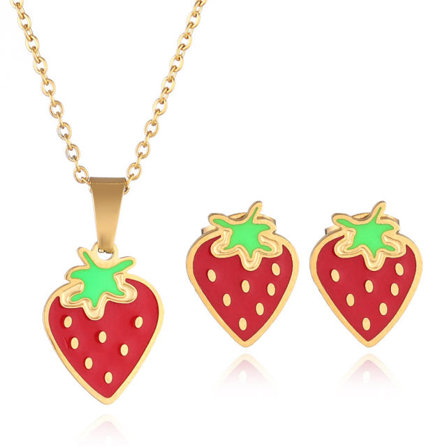 Stainless steel cherry strawberry fruit necklace set for kids