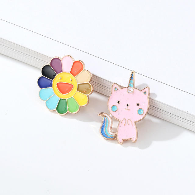 Enamel cartoon flower cat brooch pin for kids