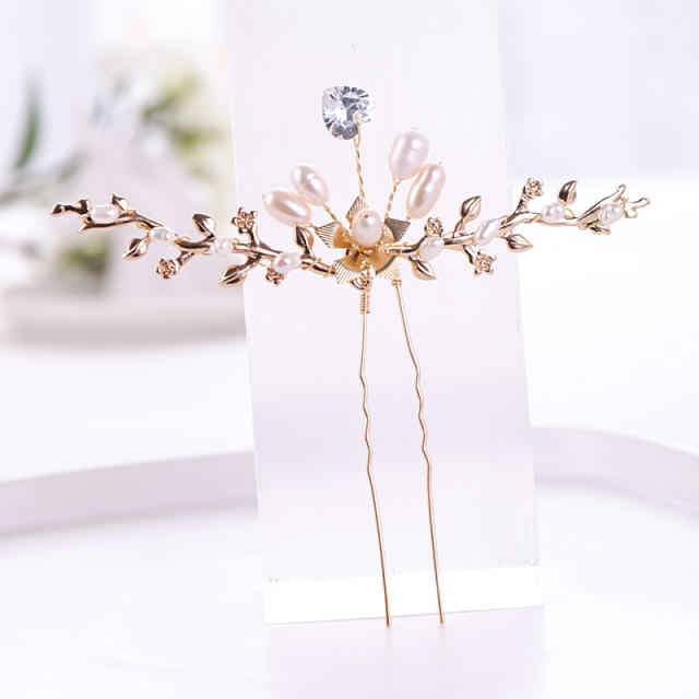 Gold color leaves pearl diamond bridal hairpins