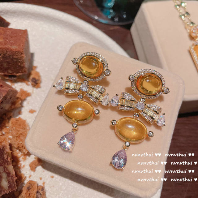 18K gold light yellow diamond bowknot oval zircon earring brooch ring necklace set