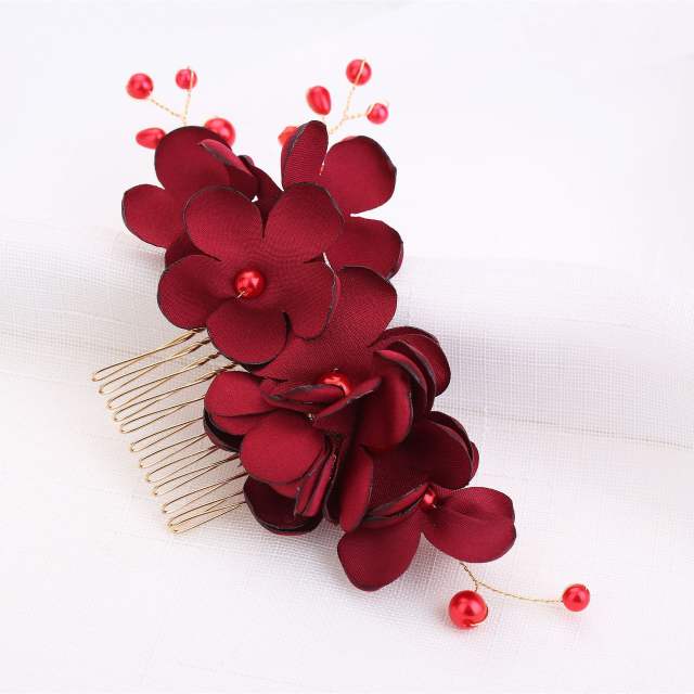 Korean bride red flower fabric art pearl hair comb