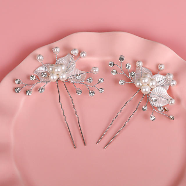 Handmade pearl leaves bridal hairpins