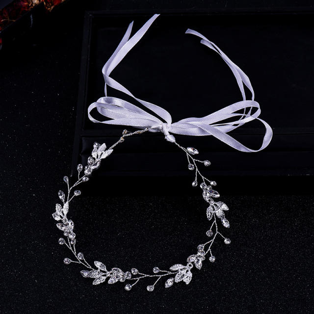 Beaded crystal leaf bridal headband