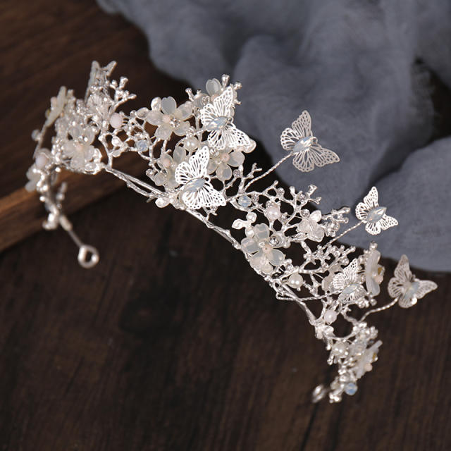 Silver butterfly crystal bead crown bridal headband