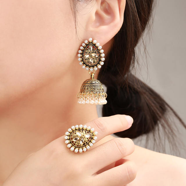 Vintage faux pearl tassel jhumka earrings rings set
