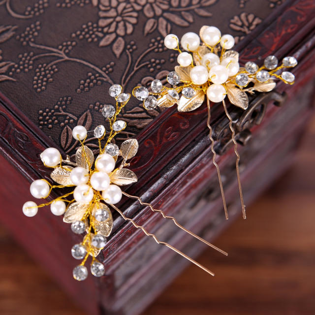 Gold color leaves pearl bridal hairpins