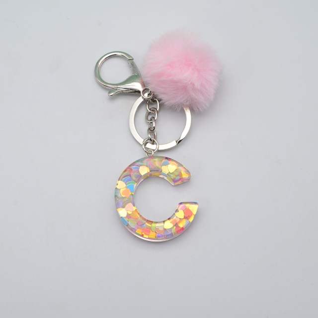 Heart sequins hairball inital letter keychain