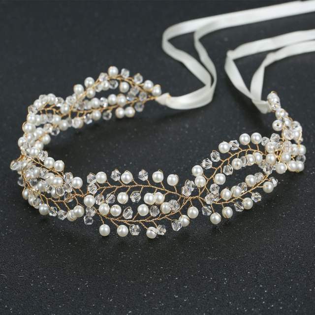 Pearl crystal beaded bridal headband