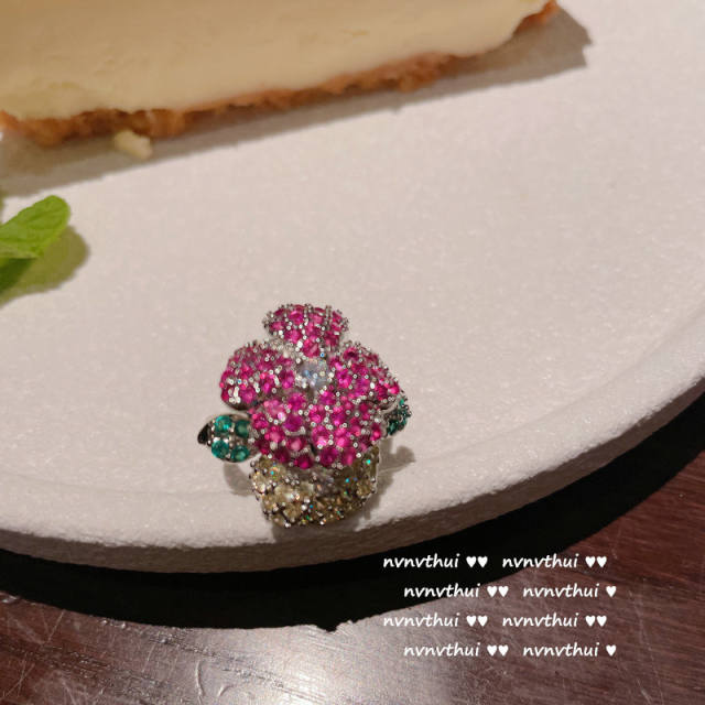 18K gold red peacock gem coloured glaze flower blue zircon diamond ring earring necklace set