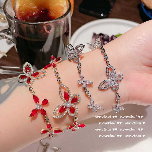 18K gold butterfly bowknot diamond charm zircon bracelet ring earring necklace set