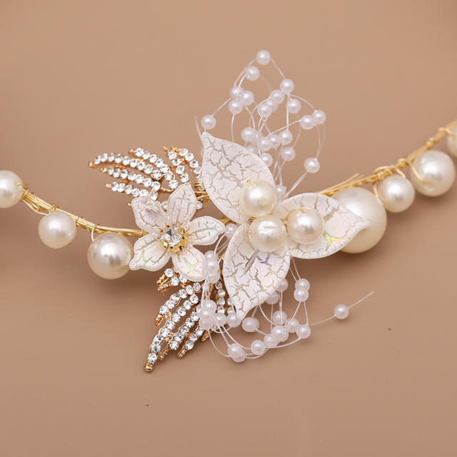 Handmade pearl rhinestone leaf bridal headband