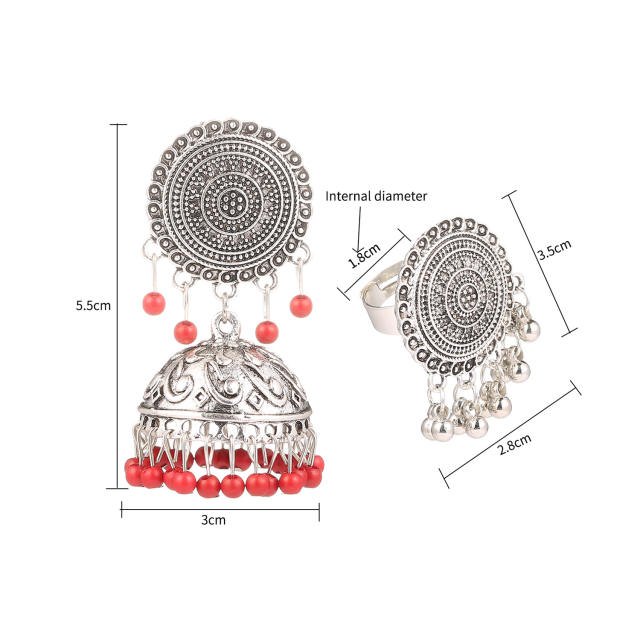 Red color seed beads tassel jhumka earrings rings set