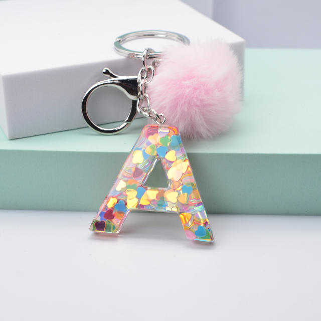 Heart sequins hairball inital letter keychain