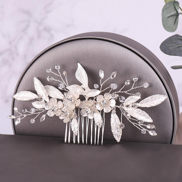 Silver leaf flower bridal hair combs