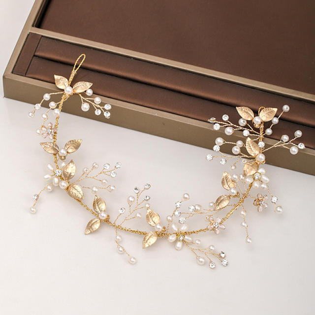 Gold color leaf pearl beads bridal hair pieces