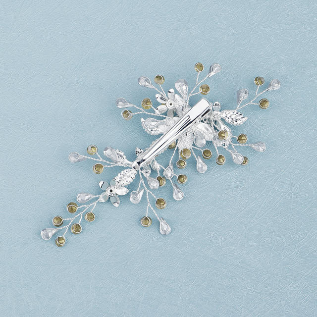 Rhinestone flower silver color bridal alligator clip