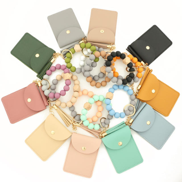 PU leather bracelet tassel card holder keychain