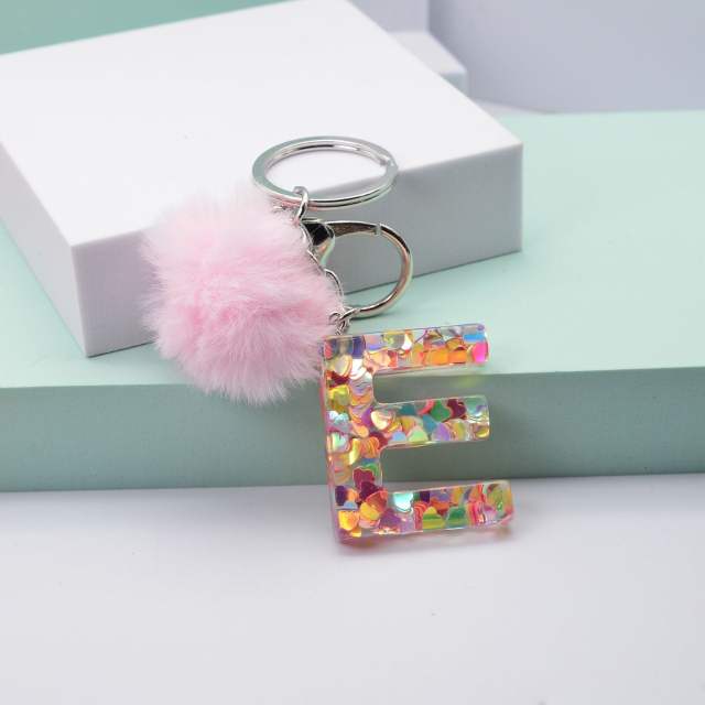 Heart sequins hairball inital letter keychain