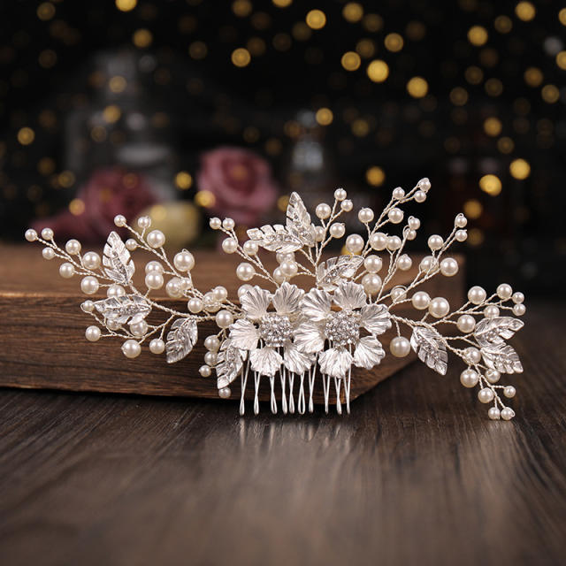 Pearl beaded flower bridal hair side combs