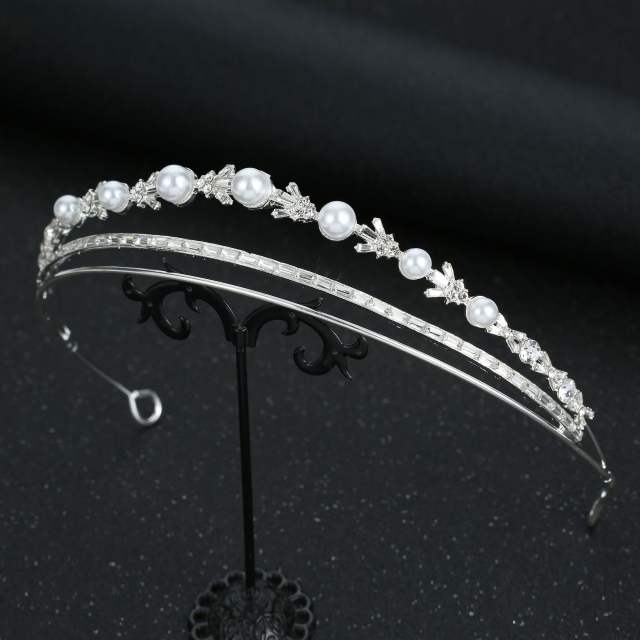 3 Layer CZ pearl beaded bridal headband