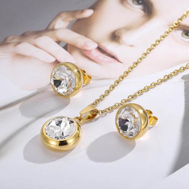 Round shaped glass crystal stainless steel jewelry set