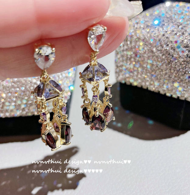18K gold rainbow jewel tassel diamond zircon earring necklace set
