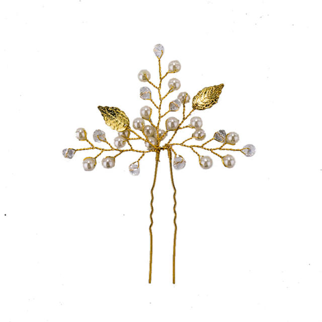 Leaf pearl and crystal beads bridal hairpin