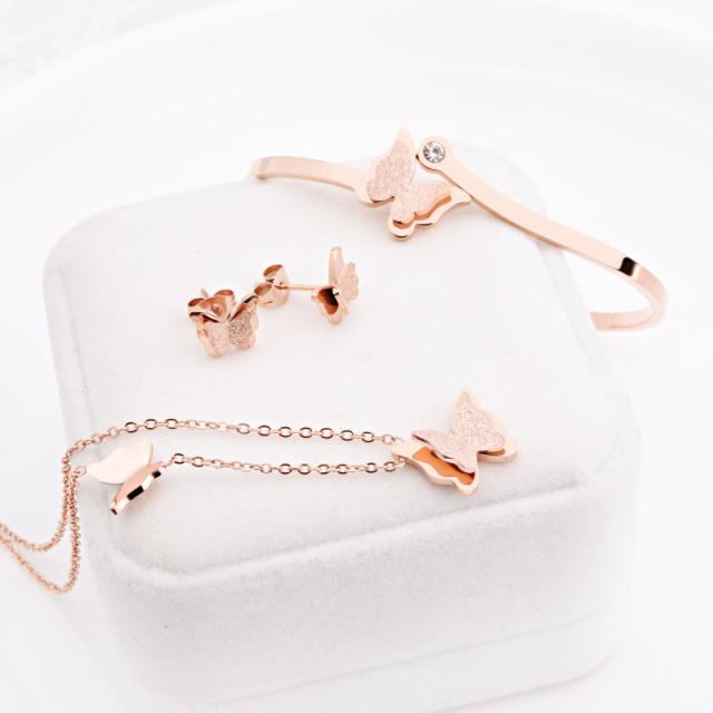 Rose gold color frost butterfly stainless steel jewelry set