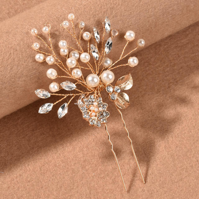 Rhinestone pearl flower U shape hairpins