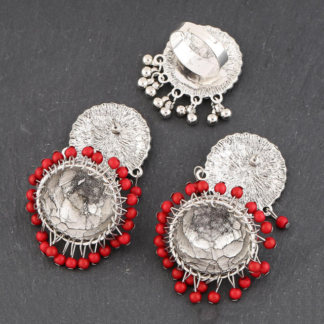Red color seed beads tassel jhumka earrings rings set